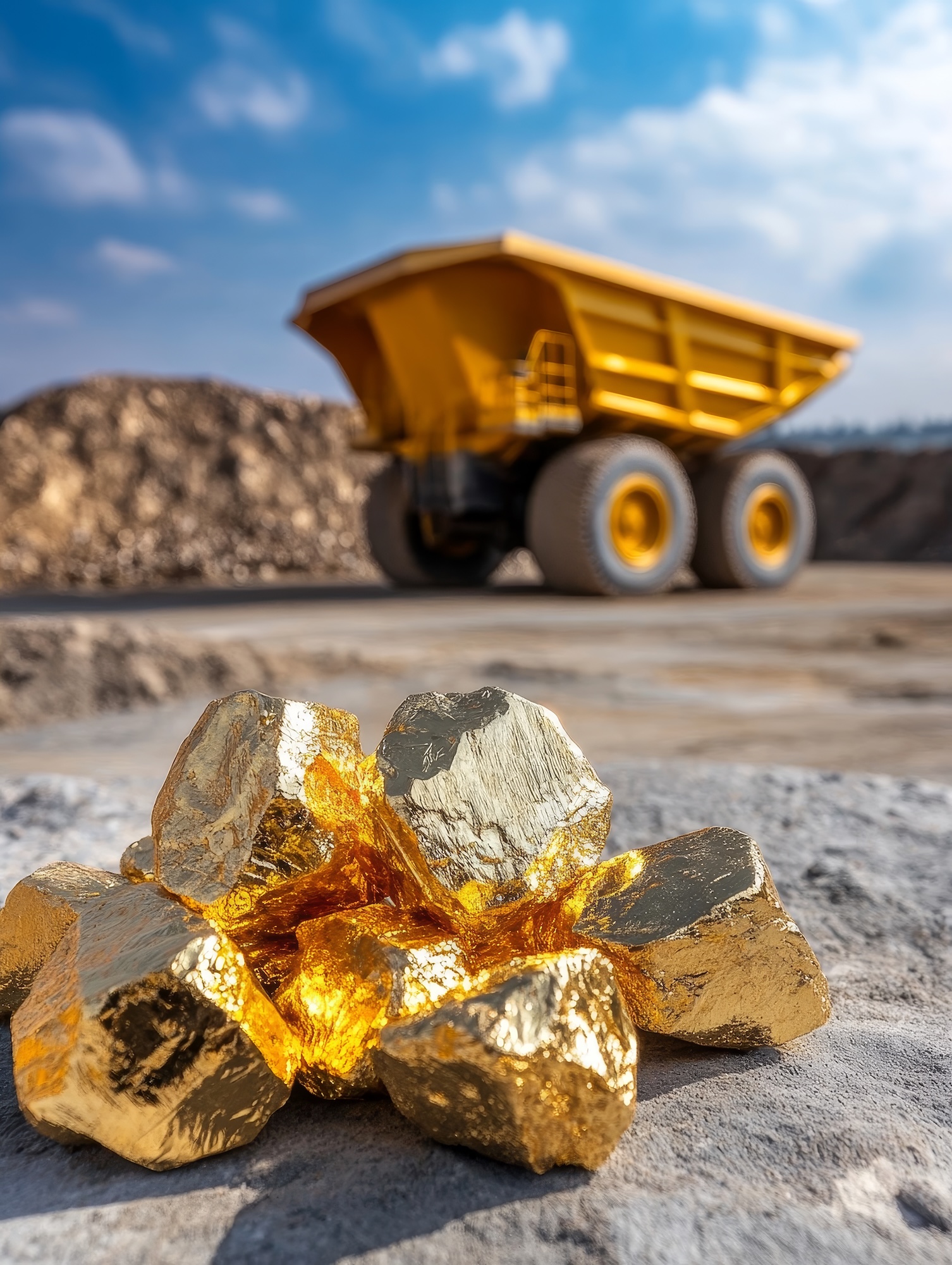 A close-up of gold nuggets lying on the ground in front of a large mining truck, symbolizing the hard work and reward of mining, the value of precious metals, and the connection between nature and industry.
